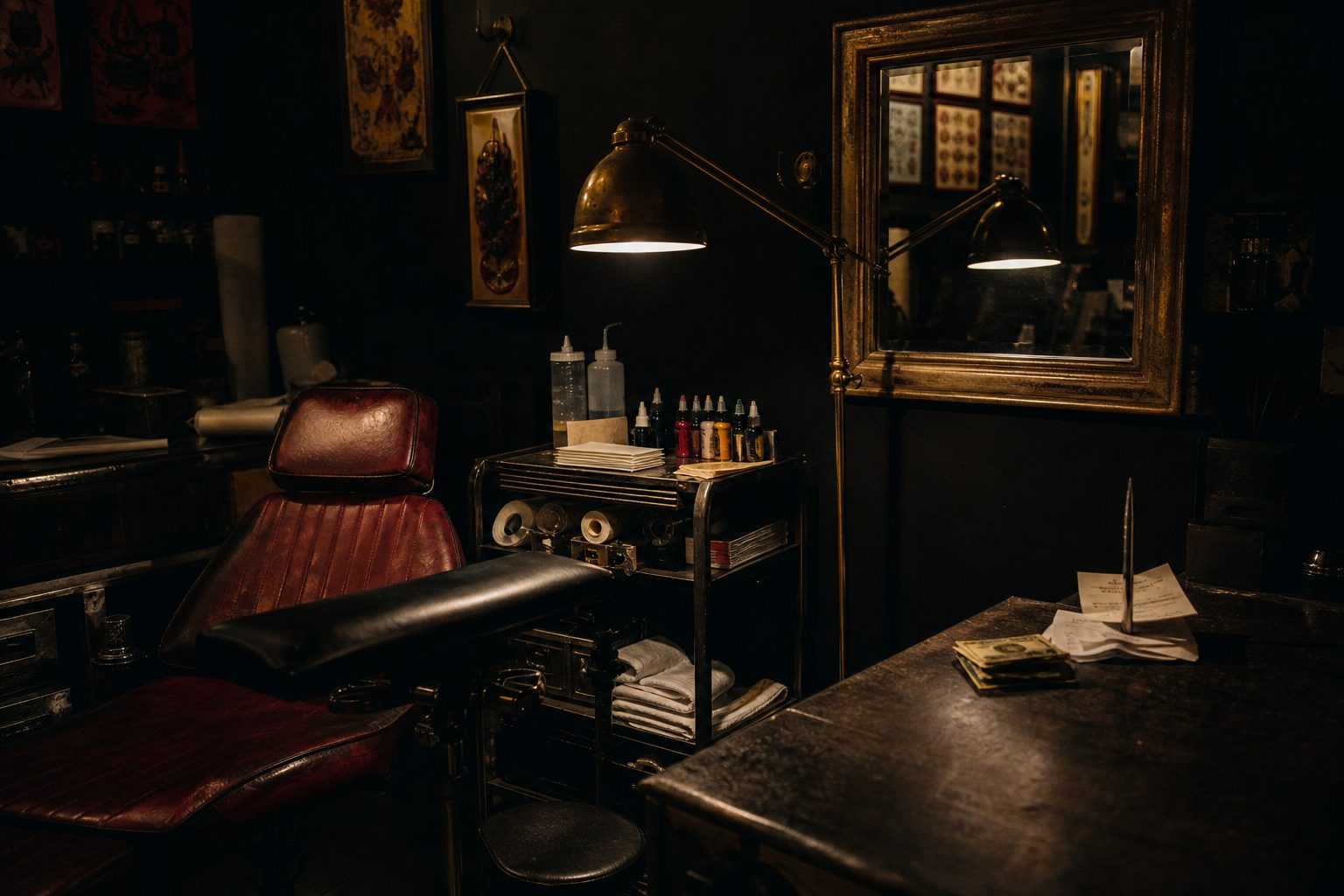 Empty tattoo booth after hours with supply cart, mirror and cash stacked on the counter under low warm light