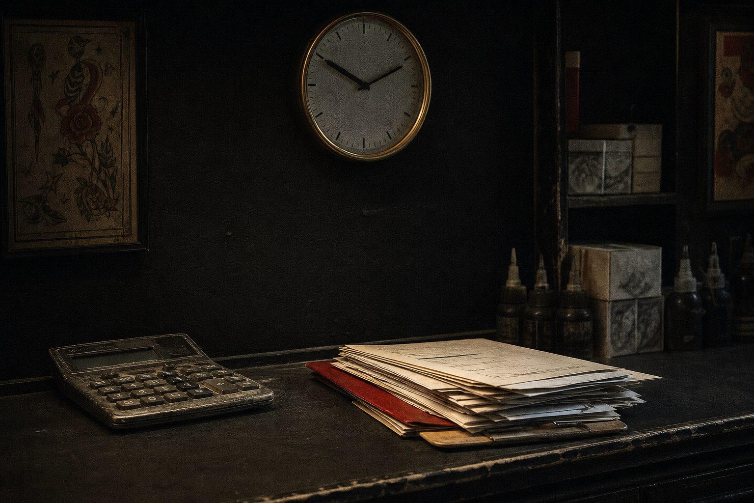 Shop counter with a calculator, supply invoices and needle cartridge boxes stacked beneath a wall clock
