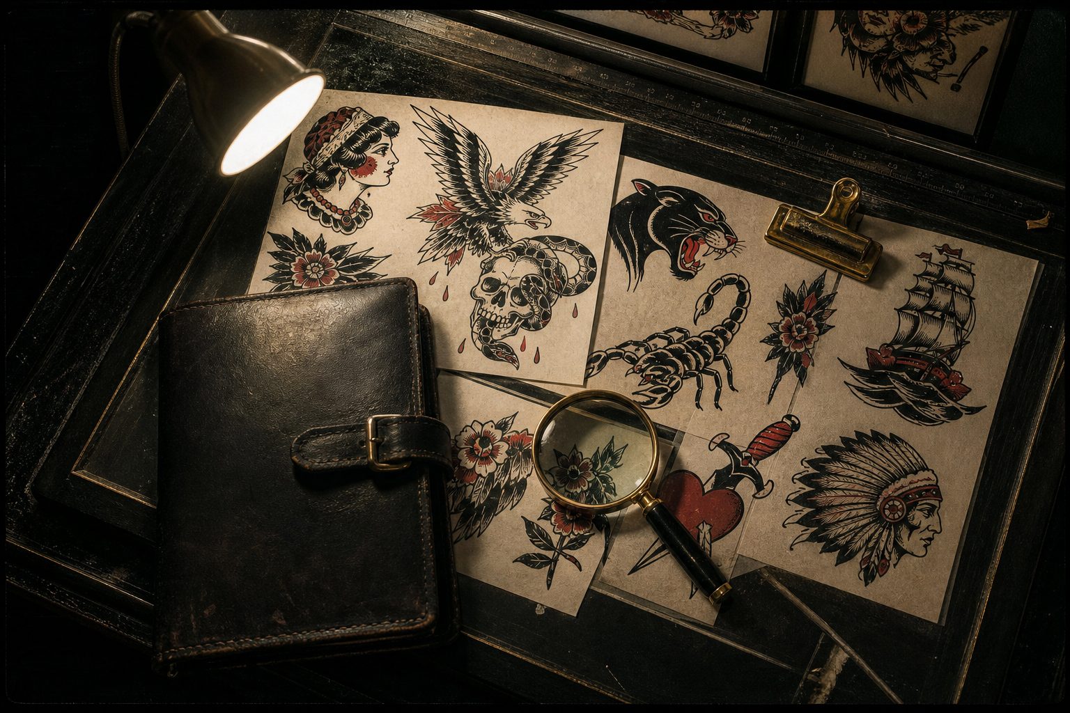 Original flash drawings and a portfolio under glass on a dark drafting table with a magnifying glass on top