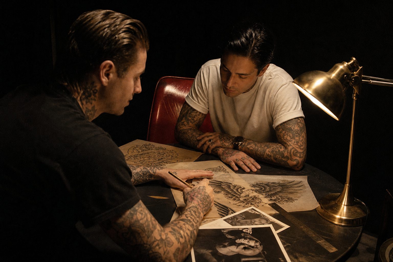 Tattoo artist and client reviewing reference photos and tracing paper across a dark studio consultation table