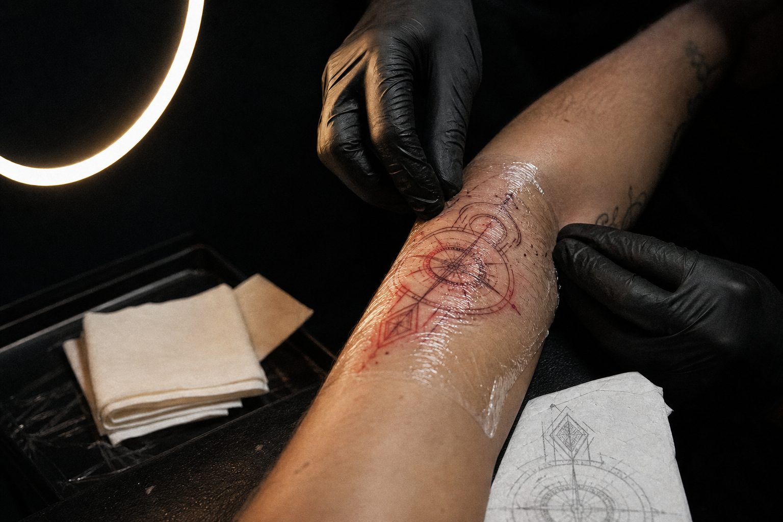 Fresh line work healing under clear adhesive film on a forearm while gloved hands smooth down the edge