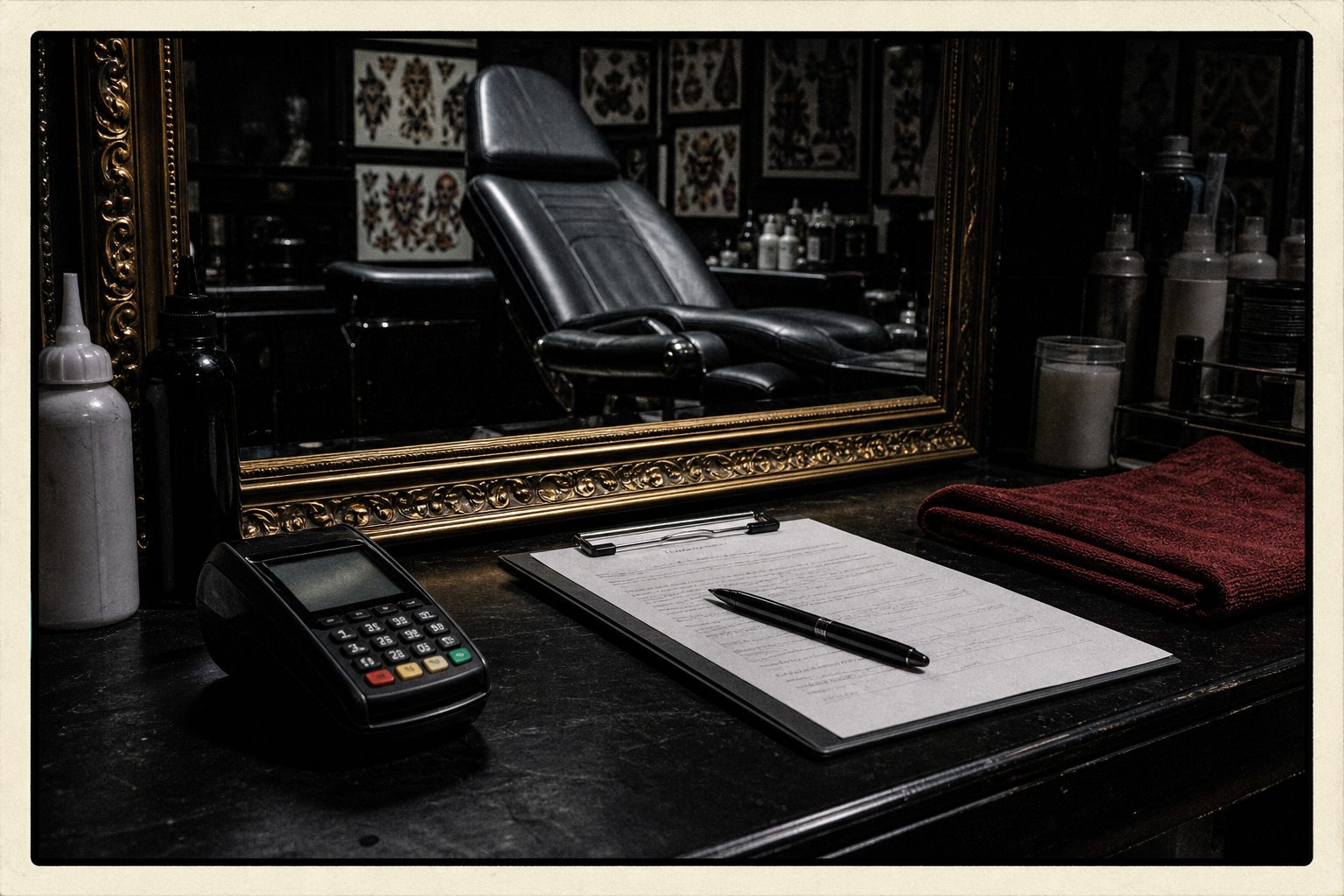 Card terminal and a signed waiver clipboard on a black tattoo studio counter beside an empty client chair