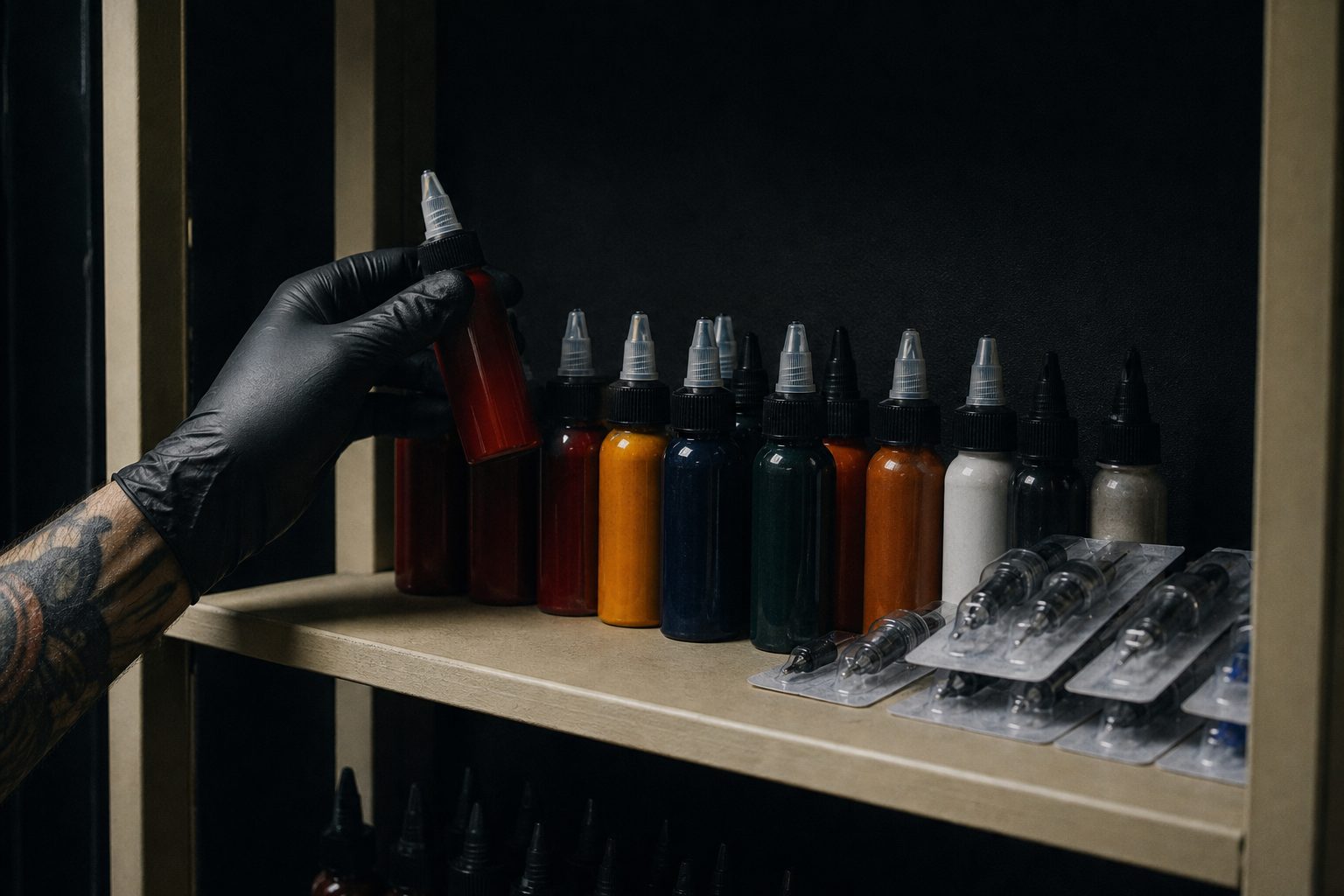 Rows of tattoo ink bottles on a shelf with a gloved hand turning one bottle to check its batch marking
