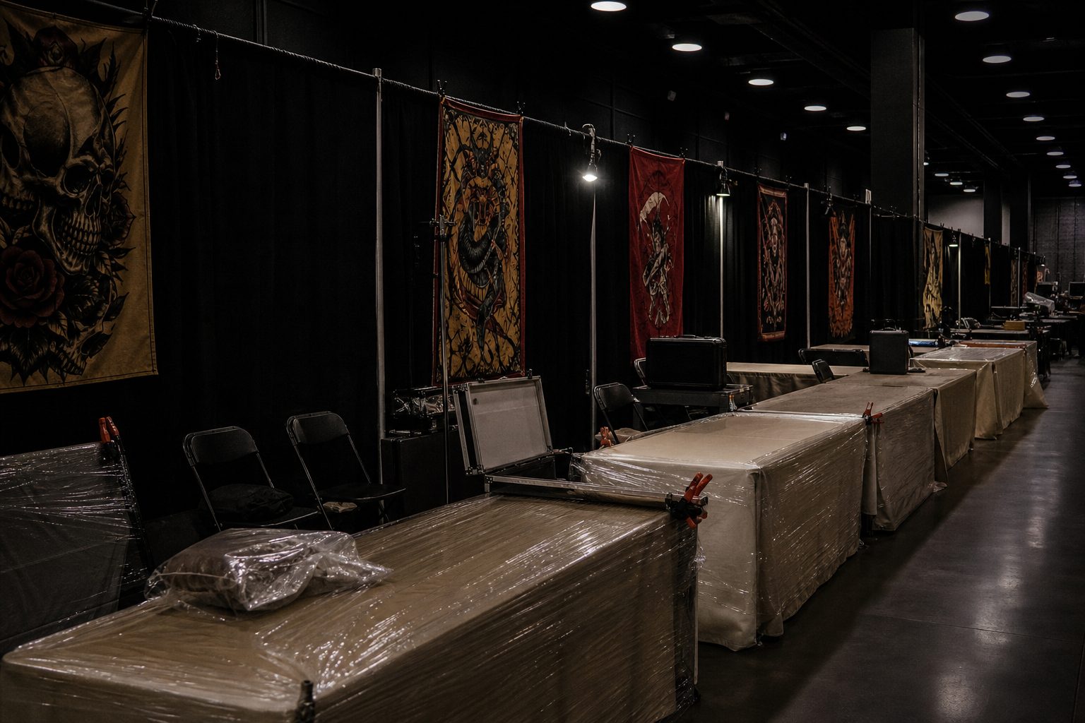 Row of convention tattoo booths during setup with portable tables, barrier film and banner poles in a dark hall