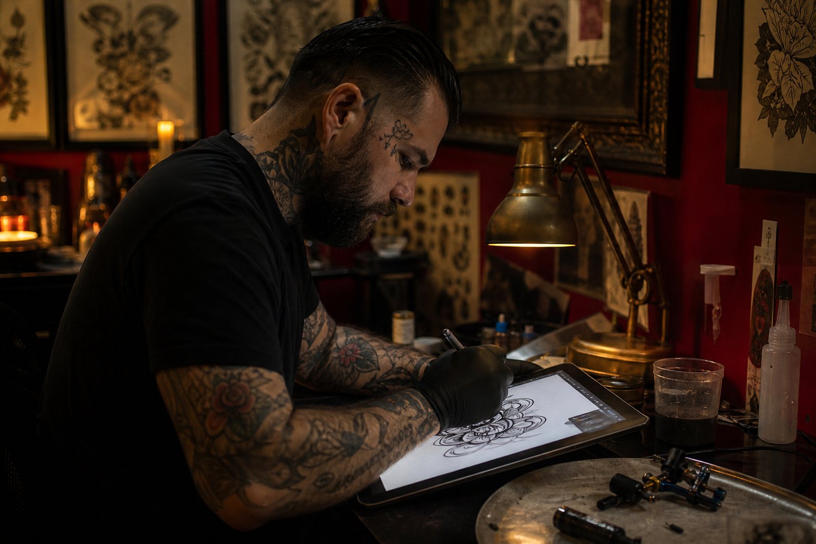 Tattoo artist drawing a custom design on a tablet at a lamp lit studio workstation with flash art pinned on the wall