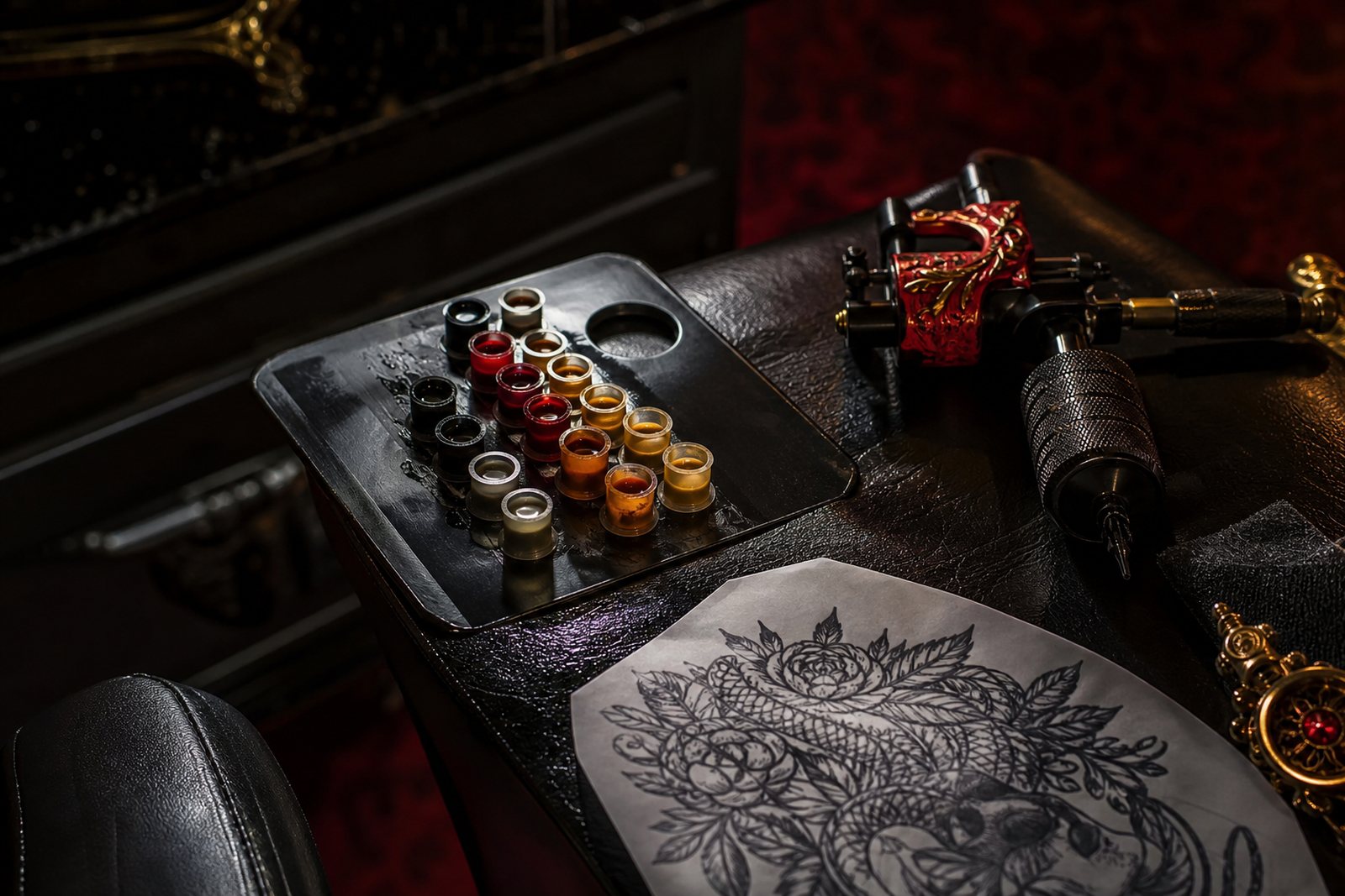 Tattoo studio workstation with ink caps, a tattoo machine and stencil paper laid out on black leather under low lighting